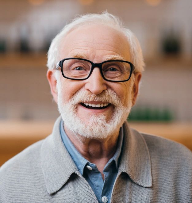 Older patient smiling with a restored smile after dental treatment