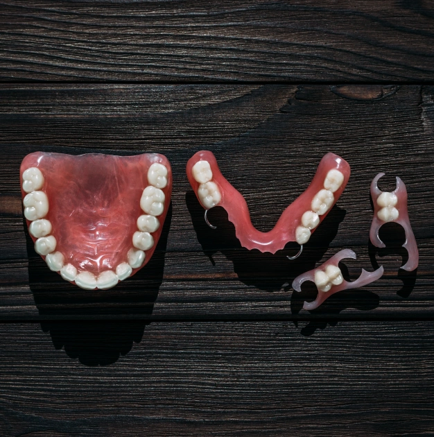 Complete and partial dentures displayed for dental restoration